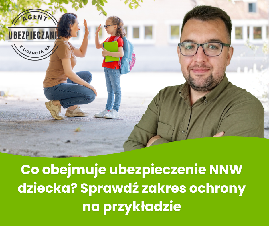 rodzic analizujący zakres ubezpieczenia NNW dziecka przy pomocy tabeli świadczeń, w tle plecak szkolny