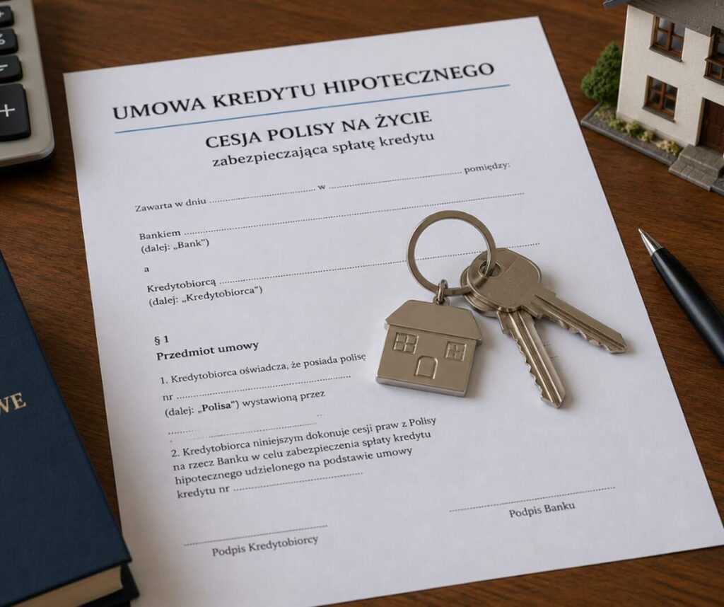 Klucze do domu leżące na umowie kredytu hipotecznego — cesja polisy na życie zabezpieczająca spłatę kredytu